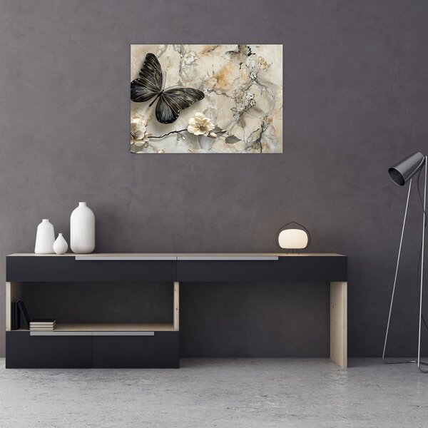Obraz - Mramorové pozadí s motýli (70x50 cm)