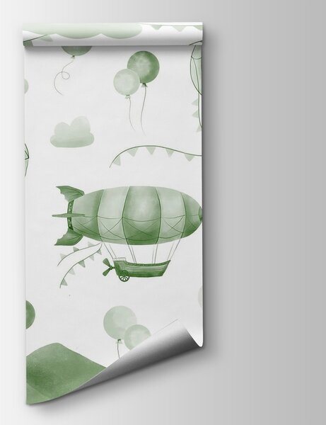 Fototapeta Zelené a bílé pozadí s balónky a horami, Fototapety s balónky, Populární fototapety, w08765v3 - Tapeko.co.cz