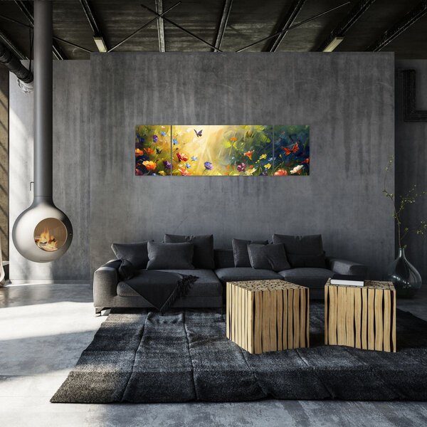 Obraz - Jarní květinová louka, malba (170x50 cm)