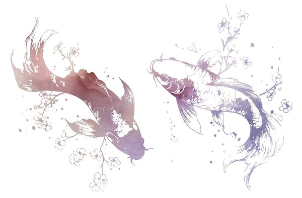 Fototapeta Dvě ryby s květy a listy, Akvarelové fototapety, Populární fototapety, w03447v1 - Tapeko.co.cz