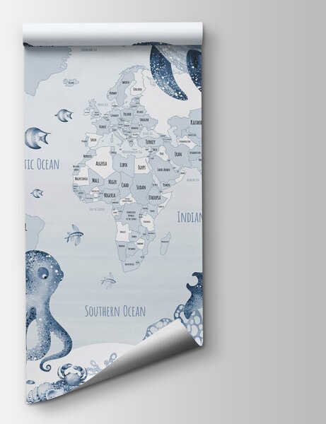 Fototapeta Mapa světa s mořskými živočichy, Fototapeta s mapou světa, Populární fototapety, w03526v3 - Tapeko.co.cz