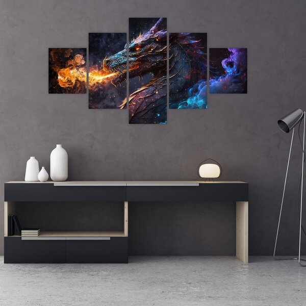 Obraz - Drak plivající plameny (125x70 cm)