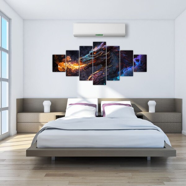 Obraz - Drak plivající plameny (210x100 cm)