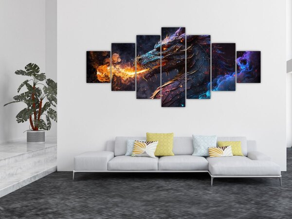 Obraz - Drak plivající plameny (210x100 cm)