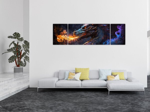 Obraz - Drak plivající plameny (170x50 cm)
