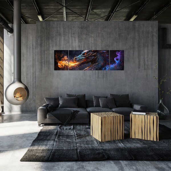 Obraz - Drak plivající plameny (170x50 cm)