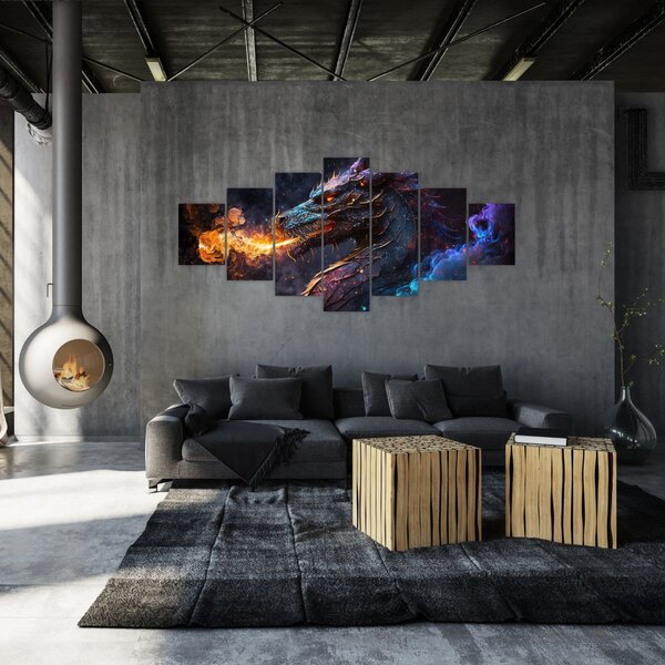 Obraz - Drak plivající plameny (210x100 cm)