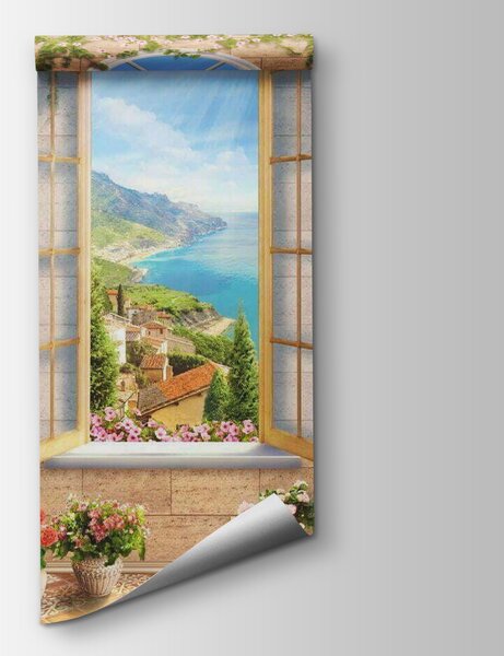 Fototapeta Okno s výhledem na město a vodní plochu, Fototapety s okny, Populární fototapety, u07042 - Tapeko.co.cz