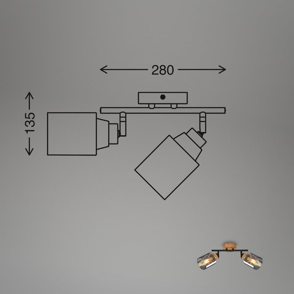 BRILO 2485025 Briloner Hema stropní bodové svítidlo, kouřové sklo, nastavitelné, 2-ramenné, dřevěná základna - BRILONER
