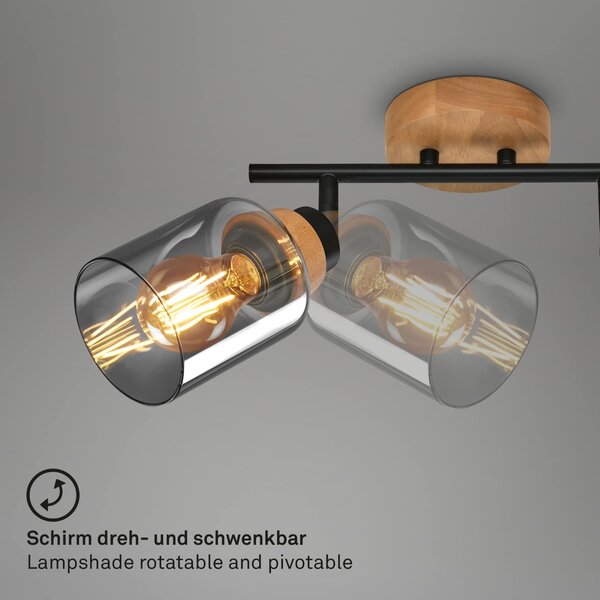 BRILO 2485025 Briloner Hema stropní bodové svítidlo, kouřové sklo, nastavitelné, 2-ramenné, dřevěná základna - BRILONER