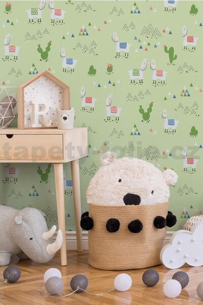 Vliesové tapety na zeď Boys & Girls 36985-2, rozměr 10,05 m x 0,53 m, alpaky na zeleném podkladu, A.S. Création