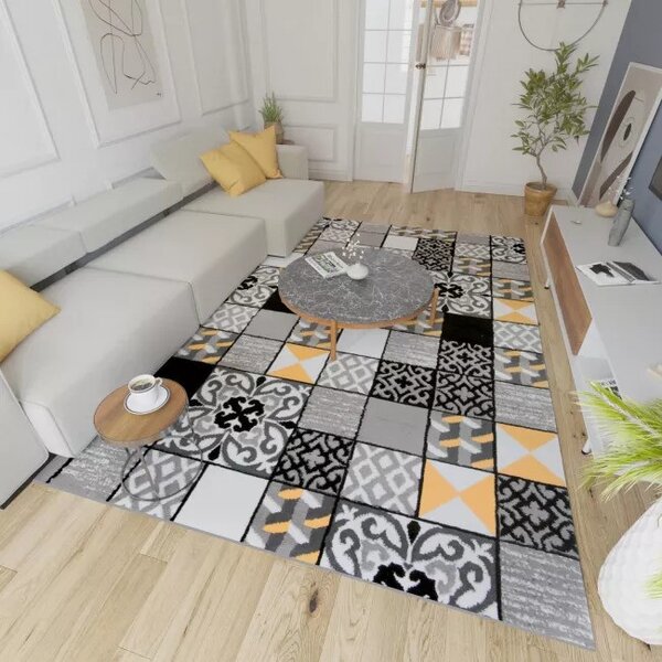 Makro Abra Kusový koberec moderní MAYA Z906A Patchwork šedý žlutý Rozměr: 130x190 cm