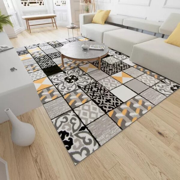 Makro Abra Kusový koberec moderní MAYA Z906A Patchwork šedý žlutý Rozměr: 130x190 cm
