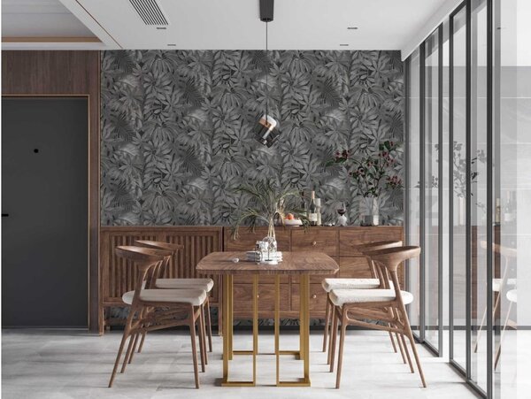 Vliesové tapety na zeď Pint Walls 38720-3, rozměr 10,05 m x 0,53 m, tropické listy šedé na černém podkladu, A.S. Création