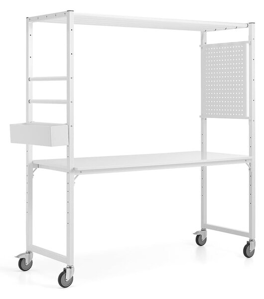 AJ Produkty Mobilní multifunkční stůl TEAMWORK, box na příslušenství, perforovaný panel, bílá/whiteboard deska