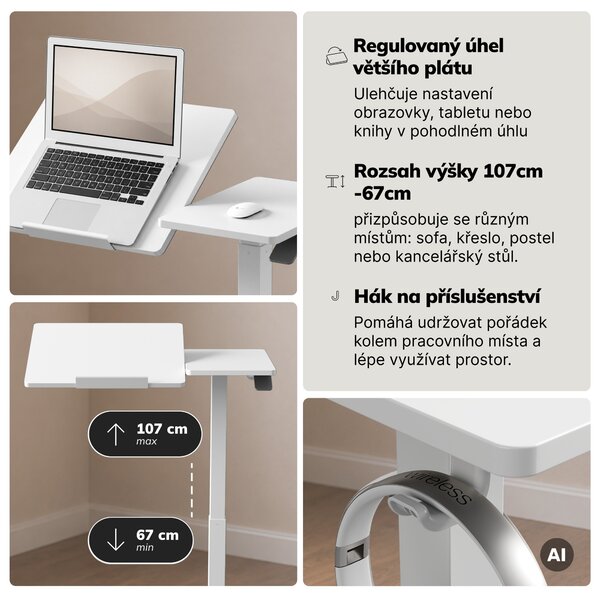 Stolek pod notebook mobilní, nastavitelný, multifunkční, bílý: BILL