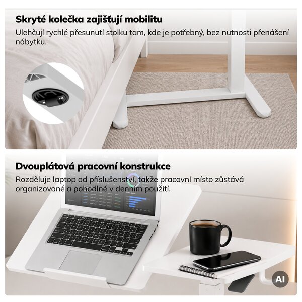 Stolek pod notebook mobilní, nastavitelný, multifunkční, bílý: BILL