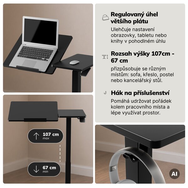 Stolek pod notebook nastavitelný, mobilní, multifunkční, černý: BILL