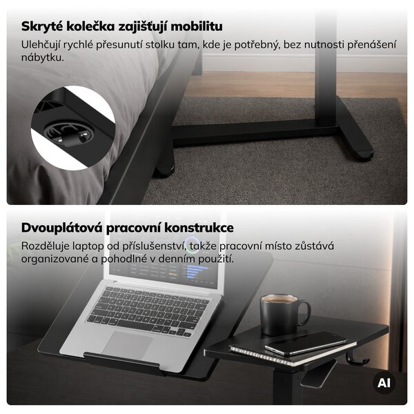 Stolek pod notebook nastavitelný, mobilní, multifunkční, černý: BILL