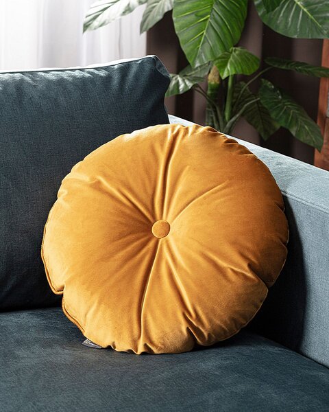 Sametový polštář s knoflíkem barva žlutá látka lesklé, sametová