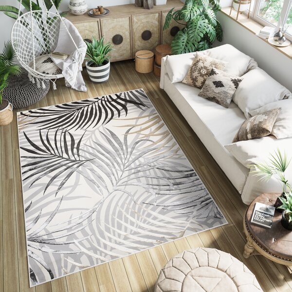 Makro Abra Kusový koberec GOLDEN NA44G Listí Moderní krémový šedý Rozměr: 80x150 cm