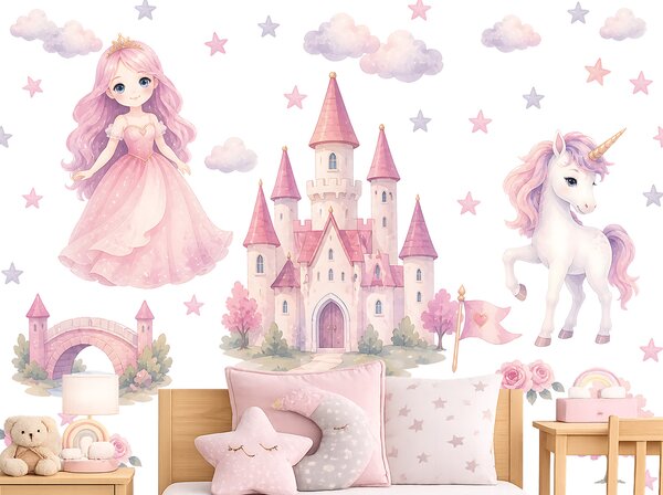 Princezna a růžové království samolepky na zeď pro holky arch 75 x 54 cm