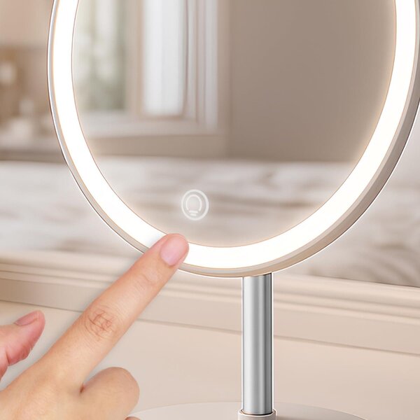 Kosmetické zrcadlo s LED osvětlením, s regulovatelným světlem, s 3 úrovněmi intenzity, dotykové ovládání, nabíjení přes USB-C, naklápěcí o 90 stupňů, stabilní základna