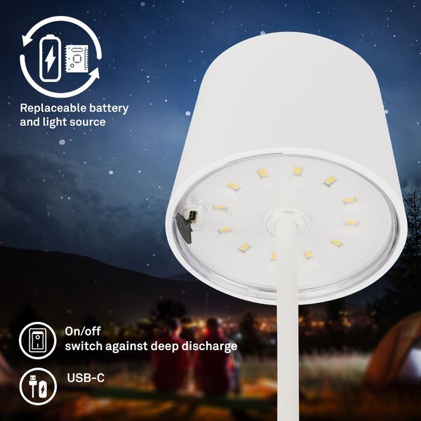 BRILONER LED nabíjecí stolní lampa 26 cm 2,6W 150lm bílé IP44 BRILO 7423016