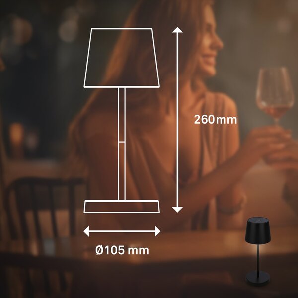 BRILONER LED nabíjecí stolní lampa 26 cm 2,6W 150lm černá IP44 BRILO 7423015