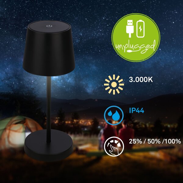 BRILONER LED nabíjecí stolní lampa 26 cm 2,6W 150lm černá IP44 BRILO 7423015