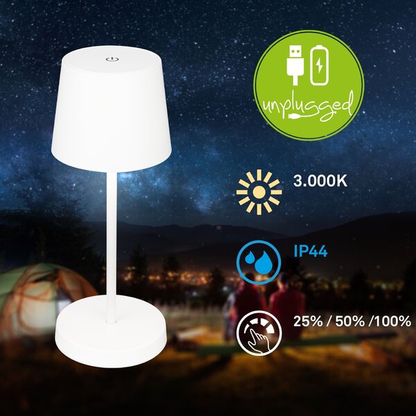 BRILONER LED nabíjecí stolní lampa 26 cm 2,6W 150lm bílé IP44 BRILO 7423016
