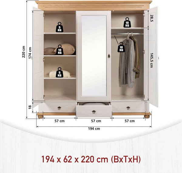 ŠATNÍ SKŘÍŇ, borovice, bílá, barvy dubu, 194/220/62 cm Ti'me - Šatní skříně, Online Only