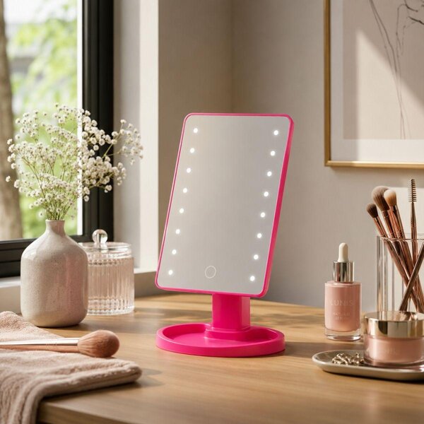 MEXX Zrcadlo s LED podsvícením – Kosmetické zrcadlo s osvětlením a stojanem – Stmívatelné ovládání dotykem – Růžová barva – Rozměry 28,8 x 11,4 x 16,8 cm – Napájení: 4 x AA baterie (baterie nejsou součástí balení)