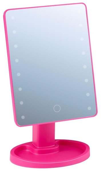 MEXX Zrcadlo s LED podsvícením – Kosmetické zrcadlo s osvětlením a stojanem – Stmívatelné ovládání dotykem – Růžová barva – Rozměry 28,8 x 11,4 x 16,8 cm – Napájení: 4 x AA baterie (baterie nejsou součástí balení)