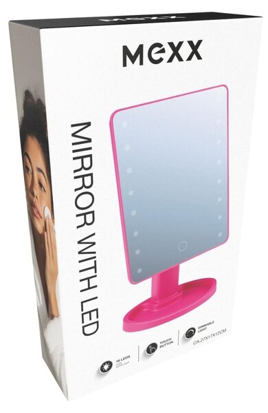 MEXX Zrcadlo s LED podsvícením – Kosmetické zrcadlo s osvětlením a stojanem – Stmívatelné ovládání dotykem – Růžová barva – Rozměry 28,8 x 11,4 x 16,8 cm – Napájení: 4 x AA baterie (baterie nejsou součástí balení)