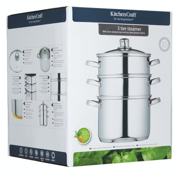 KitchenCraft nerezový parní hrnec 22 cm, 3 patra – napařovací hrnec na sporák pro zdravé vaření v páře, vícepatrový hrnec