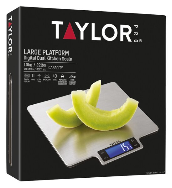 Taylor Pro digitální kuchyňská váha do 10 kg s velkou vážicí plochou – přesná váha na vaření a pečení, funkce TARE a HOLD