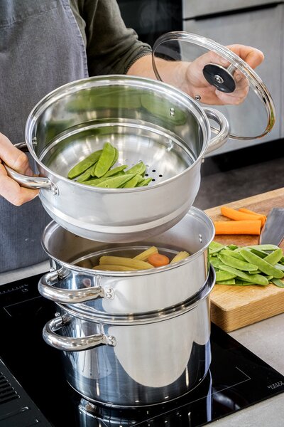 KitchenCraft nerezový parní hrnec 22 cm, 3 patra – napařovací hrnec na sporák pro zdravé vaření v páře, vícepatrový hrnec