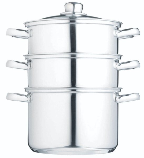 KitchenCraft nerezový parní hrnec 22 cm, 3 patra – napařovací hrnec na sporák pro zdravé vaření v páře, vícepatrový hrnec