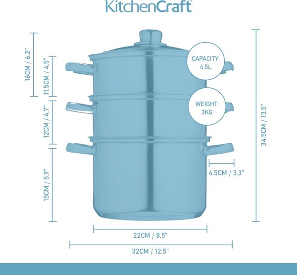 KitchenCraft nerezový parní hrnec 22 cm, 3 patra – napařovací hrnec na sporák pro zdravé vaření v páře, vícepatrový hrnec