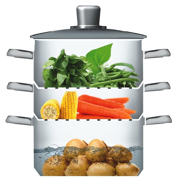 KitchenCraft nerezový parní hrnec 22 cm, 3 patra – napařovací hrnec na sporák pro zdravé vaření v páře, vícepatrový hrnec