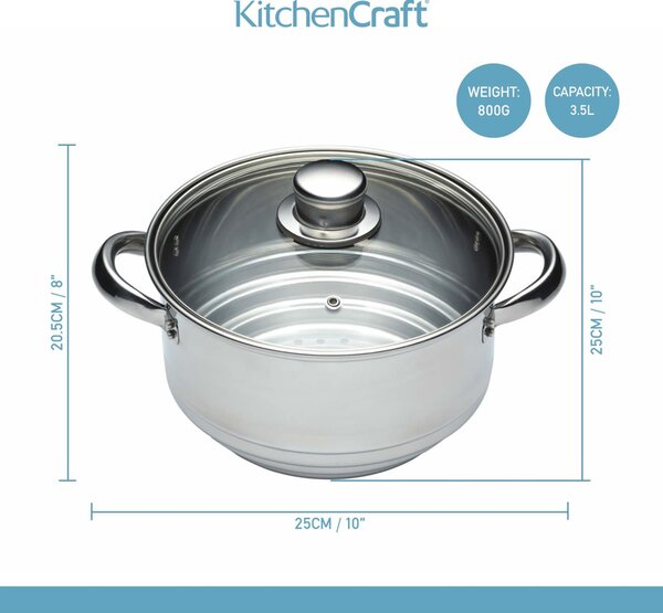 KitchenCraft univerzální napařovací nástavec 20 cm – nerezový, pro hrnce 16–20 cm, skleněná poklice