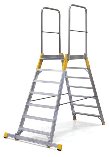 Hliníkový můstek, žebřík s plošinou, oboustranný ALVE FORTE, 2x7 příčky, výška plošiny 1,47 m