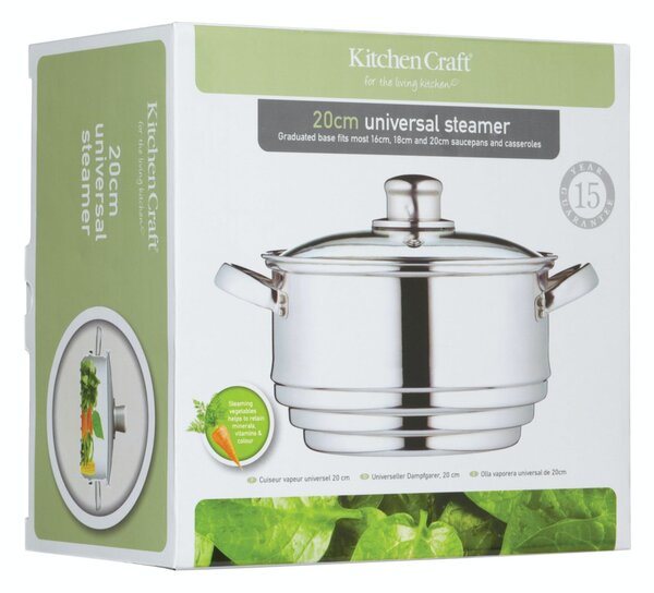 KitchenCraft univerzální napařovací nástavec 20 cm – nerezový, pro hrnce 16–20 cm, skleněná poklice