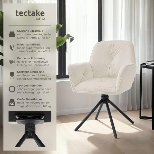Tectake® Otočná jídelní židle Lenia s potahem imitujícím samet, polstrování, rozměry 56,5 x 54 x 86 cm