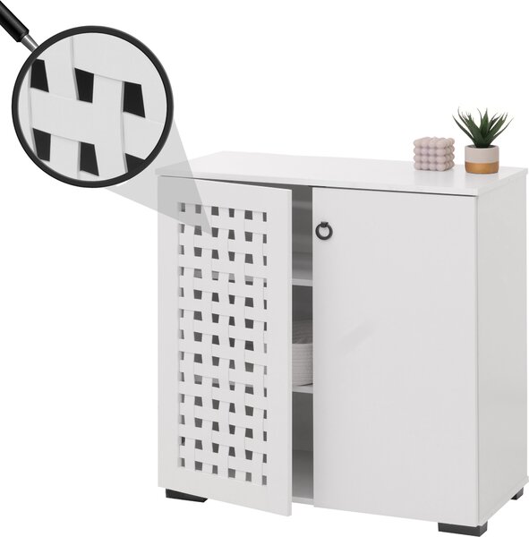 Komoda HWC-N87, píborník píborník, 3D proutný design 2 dvíka 3 úloné prostory soft-close, 82x80x37cm bílá