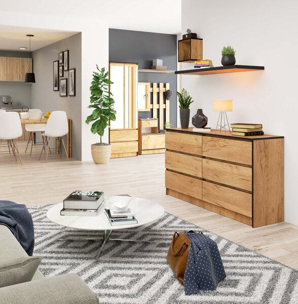 Ak furniture Komoda Kuba 140 cm 6 šuplíků dub craft zlatý