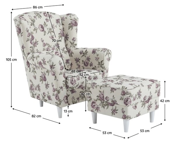 Ušák, křeslo, s taburetem, látka vzor rose 18, Tempo Kondela ASTRID