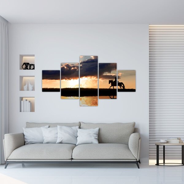 Obraz - Jezdec na koni při západu slunce (125x70 cm)