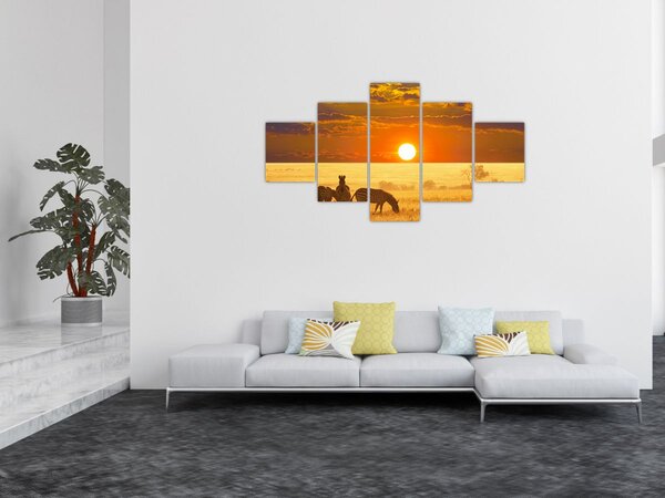 Obraz - Zebry se západem slunce (125x70 cm)